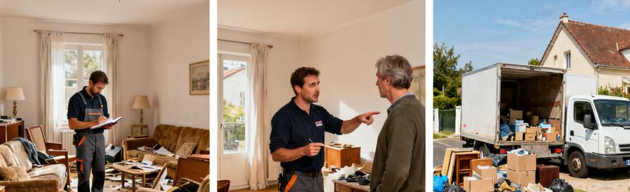 Processus de débarras à Vaulx-en-Velin, comprenant l'évaluation, la discussion avec le client, et le chargement dans la camionnette.