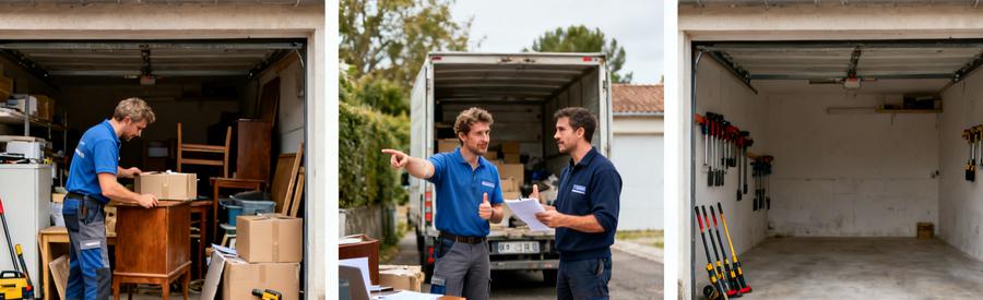 Trois images montrant le processus de débarras : évaluation, discussion entre professionnels, et garage propre après intervention.