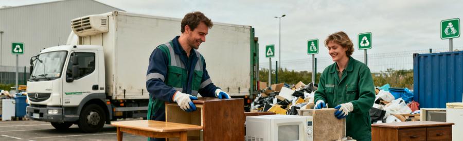 Deux débarrasseurs professionnels triant meubles et appareils dans une zone de recyclage à Vertou, respectant des circuits de traitement.