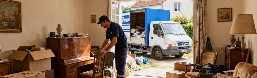 Un débarras à Vesoul avec un professionnel évaluant des meubles dans un salon encombré.