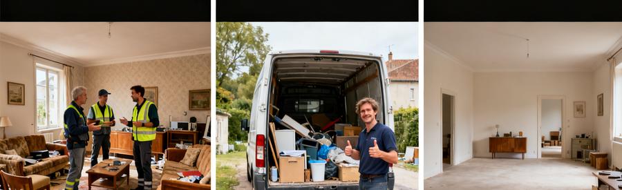 Scènes de débarras à Vienne montrant des professionnels discutant, chargement d'objets, et un salon vide après le débarras.