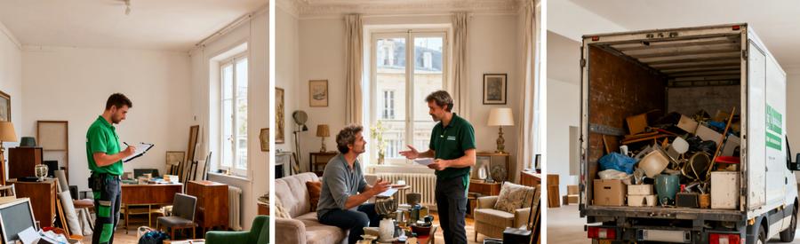Professionnels du débarras évaluant des objets, triant et chargent une camionnette dans un espace dégagé à Vienne.