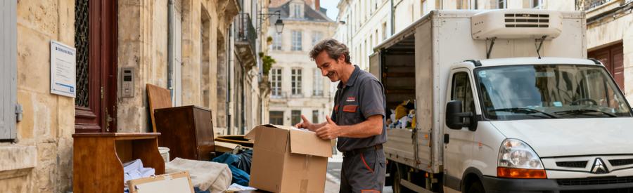 Un débarras professionnel dans une rue étroite de Poitiers, expert en action avec des cartons à proximité.