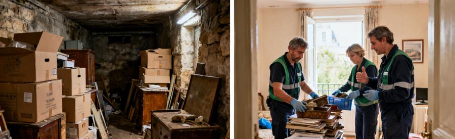 Cave en désordre à Vernon avec des cartons à gauche et débarras par des professionnels à droite.