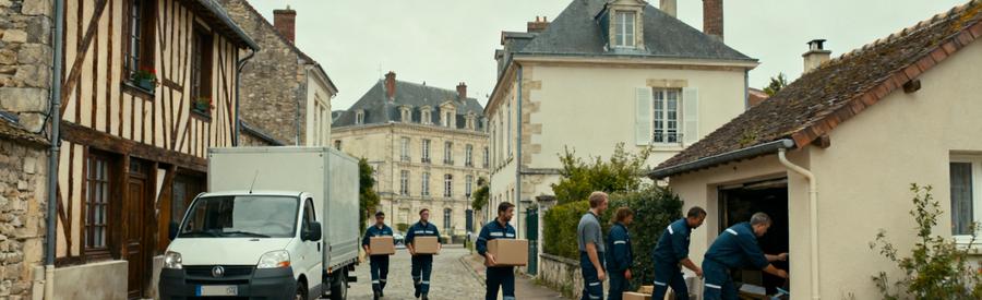 Débarras à Vernon avec des professionnels manœuvrant dans une rue pavée historique avec des maisons à colombages.