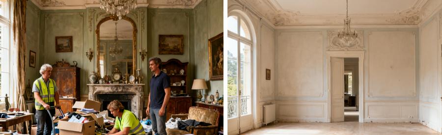 Débarras d'une villa à Biarritz avant et après, montrant l'espace encombré puis vidé et propre.
