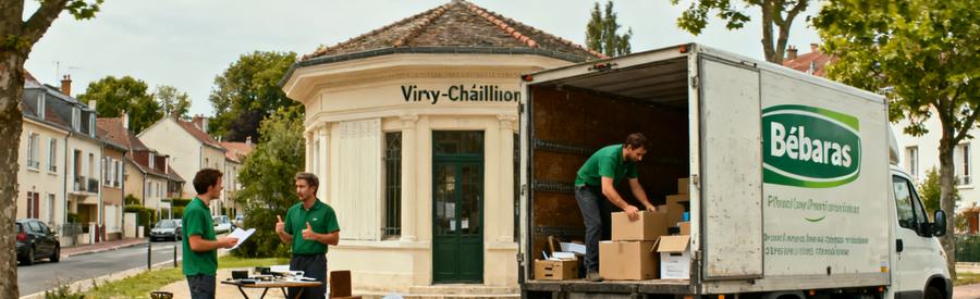 Professionnels du débarras en action devant un pavillon à Viry-Châtillon, avec camionnette et évaluation des objets.