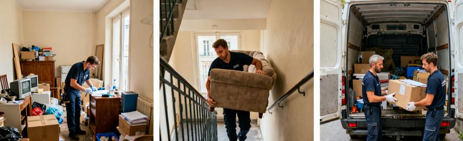 Scènes de débarras à Viry-Châtillon, équipes professionnelles dans un appartement chargé, en train de transporter des meubles.