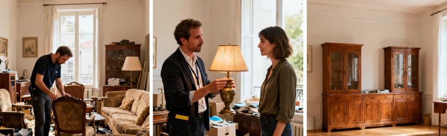 Professionnels évaluant des meubles et objets dans un salon avant débarras, montrant objets récupérables.
