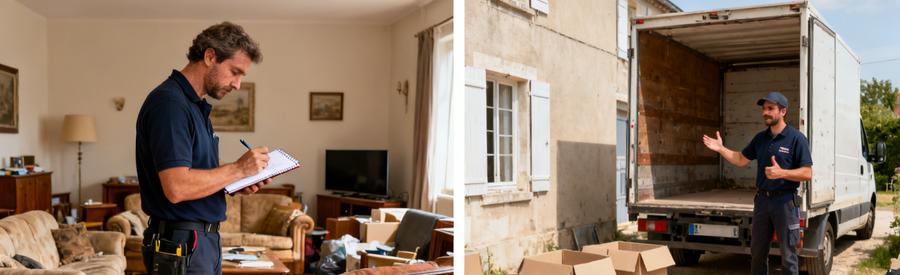 Professionnel évaluant des meubles en Yonne, puis salon propre après débarras.