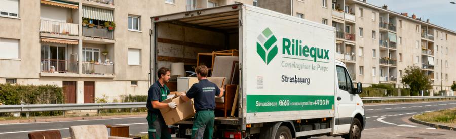 Intervention de débarras à Rillieux-la-Pape avec des professionnels chargeant un camion, montrant l'accessibilité de la région.