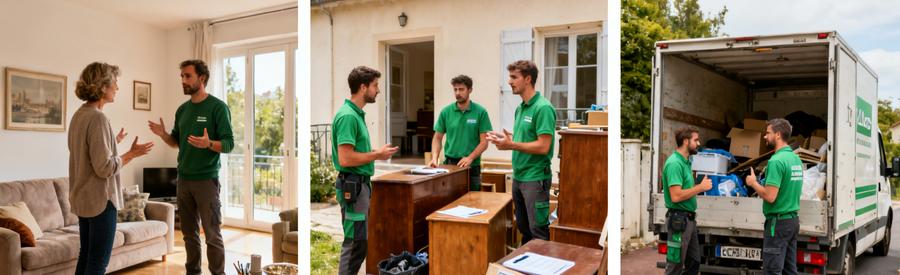 Débarras professionnel à Tournefeuille avec un client, des débarrasseurs et une camionnette chargée.