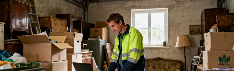 Professionnel du débarras évaluant les objets dans un garage désordonné à Abbeville, ambiance de travail efficace.