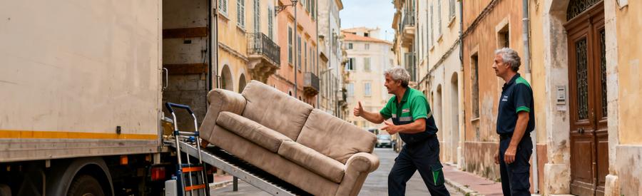 Un professionnel déplace un canapé dans une rue étroite d'Ajaccio, montrant les défis du débarras dans cette ville historique.
