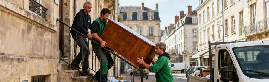 Professionnels du débarras à Alençon, luttant pour transporter un meuble dans un escalier étroit avec des immeubles anciens en arrière-plan.