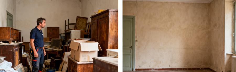 Professionnel du débarras à Alès évaluant une pièce encombrée puis montrant l'espace vide après intervention.