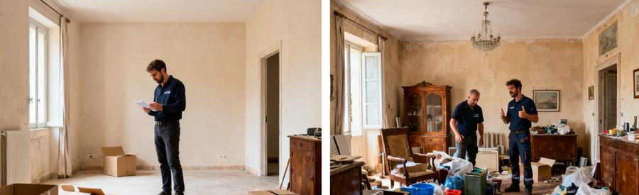 Comparaison d'un appartement vide et d'une maison encombrée à Carpentras, représentants en action.