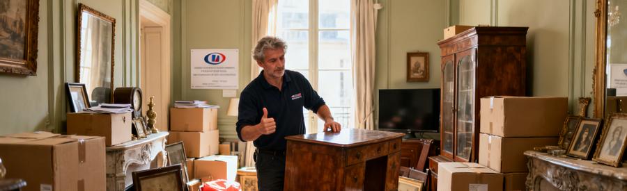 Un débarras professionnel dans un appartement chargé d'objets et souvenirs d'une vie, montrant évaluation et tri des meubles.