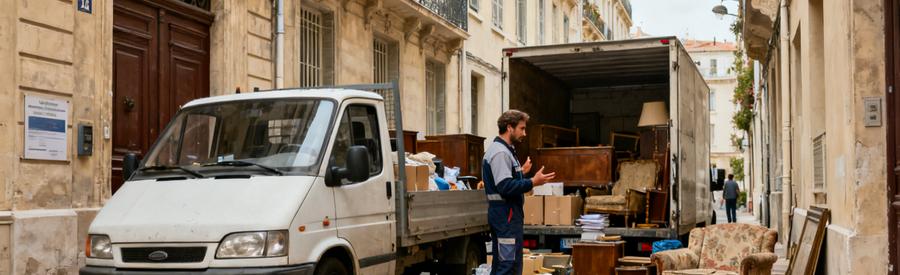 Professionnel en débarras travaillant dans un appartement ancien à Marseille 4ème, salon encombré avant évaluation.