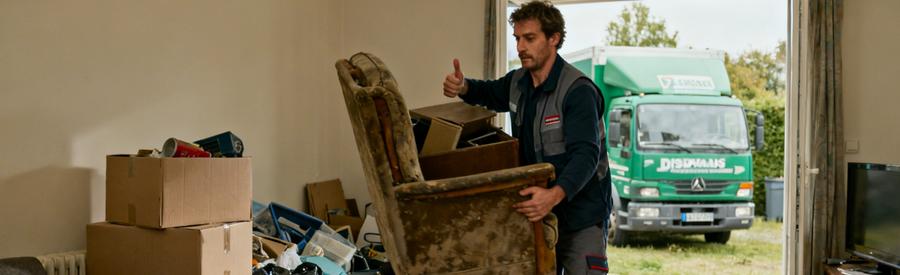 Un professionnel du débarras dans un appartement T3 encombré à Saint-Lô, soulevant un meuble avec un camion visible à l'extérieur.