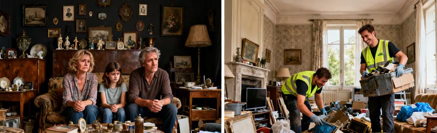 Scène de débarras après décès à Berre-l'Étang, montrant la famille stressée et des professionnels triant des objets.