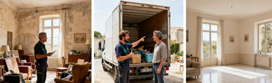 Scène de débarras à Arles avec évaluation de meubles, discussions et pièce dégagée.