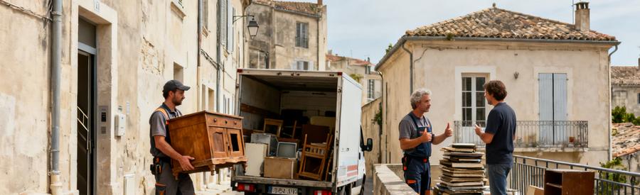 Débarrasseurs professionnels à Arles, transportant des meubles anciens dans une ruelle historique et examinant des objets dans un mas camarguais.