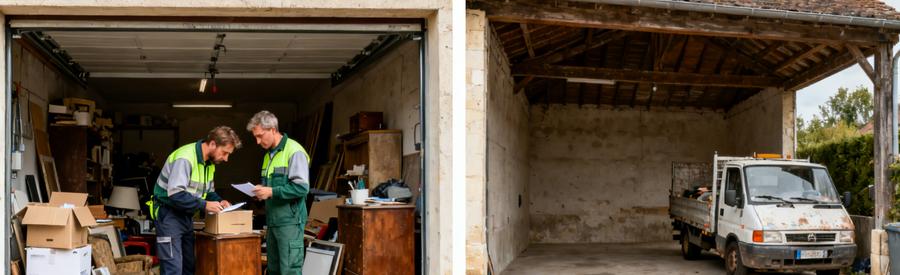 Comparaison d'un garage encombré et d'un garage vide après débarras à Beaune, montrant des professionnels en action.