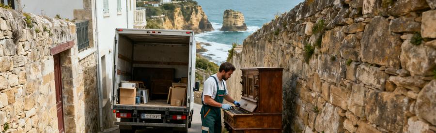 Un professionnel du débarras évalue un meuble dans une ruelle étroite de Biarritz, avec un camion adapté et des falaises en arrière-plan.