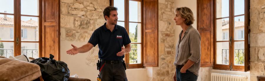 Un professionnel du débarras évaluant des meubles dans un appartement à Blagnac avec le propriétaire.