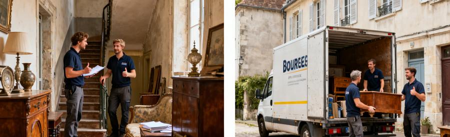 Équipe de débarras à Bourges évaluant des objets dans une maison historique puis chargeant des meubles.