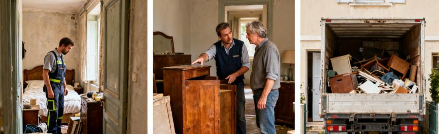 Débarras à Bourgoin-Jallieu, inspection de l'encombrement, discussion sur objets valorisables, chargement de camion.