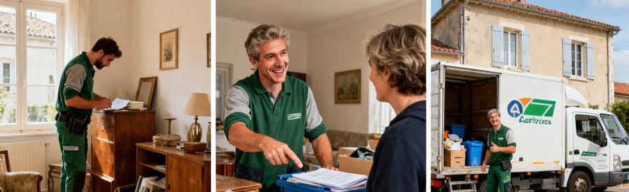 Professionnels du débarras évaluant des objets chez un particulier à Castres, satisfaits de leur mission.