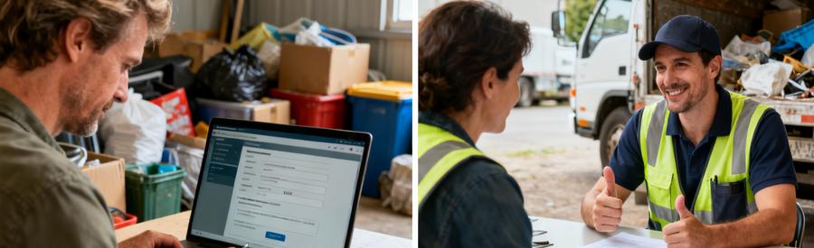 Client utilisant un ordinateur pour demander un débarras à Castres, professionnel discutant des propositions.