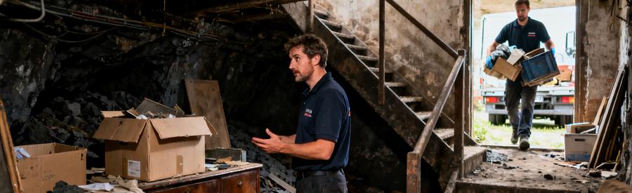 Un professionnel du débarras examine une cave à Bruay-la-Buissière, entouré de vieux meubles et de cartons, avec une structure étroite.