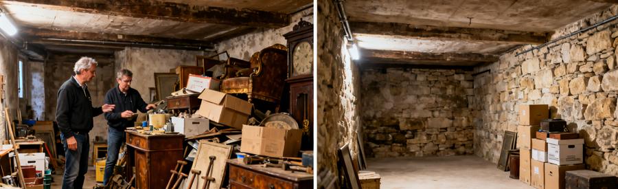 Deux scènes illustrant un débarras professionnel dans une cave ancienne au Creusot, avant et après le nettoyage.