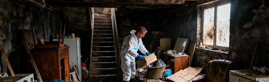 Professionnel du débarras dans une cave sombre à Montigny-lès-Metz, triant des vieux objets et meubles.