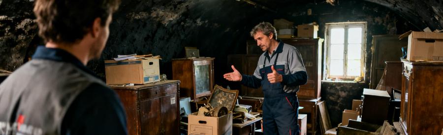 Un professionnel du débarras inspectant une cave encombrée à Schiltigheim, montrant des objets à son équipe.