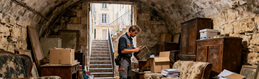 Un débarras professionnel dans une cave voûtée au 6ème arrondissement de Marseille, avec un professionnel évaluant les objets.