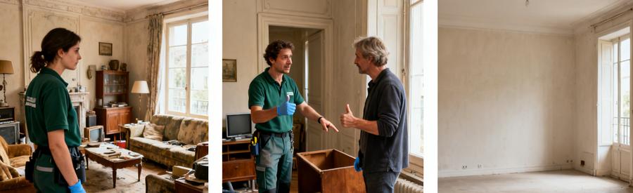Professionnel du débarras évaluant un salon, échange avec client et pièce vide après intervention.