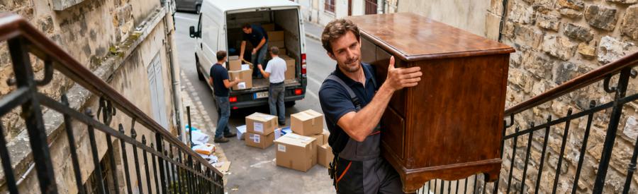 Professionnel du débarras portant un meuble dans un immeuble ancien de Charleville-Mézières, illustrant une mission logistique.