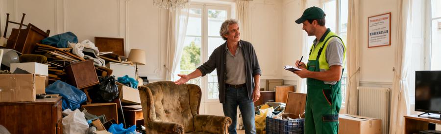 Un professionnel évalue des meubles dans un salon à Châtellerault, montrant l'efficacité du débarras.