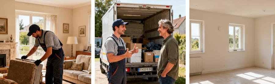 Débarras professionnel à Châtellerault, évaluation des objets, satisfaction du client devant une maison vide et propre.