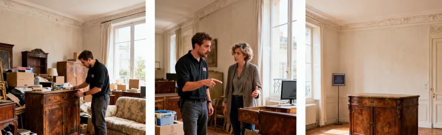 Processus de débarras à Chaumont, montrant un professionnel inspectant, discutant et valorisant des meubles anciens, créant un salon propre.