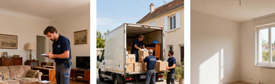 Professionnel évaluant des meubles, chargement dans un camion et salon vide à Chaumont après débarras.