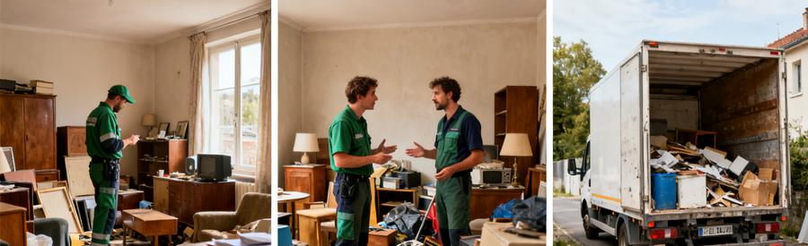 Débarras en Corrèze : professionnels évaluant des objets avant chargement dans un camion de débarras.