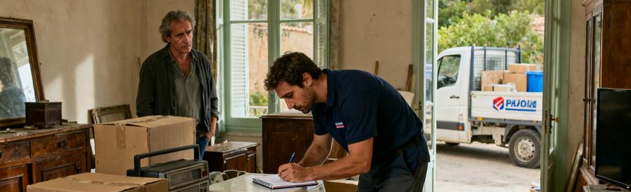 Un débarras professionnel dans un logement en Corse-du-Sud, inspectant des objets avec un client attentif.