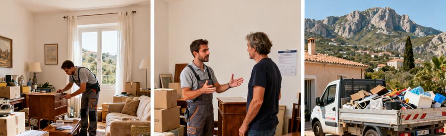 Scènes de débarras en Corse-du-Sud avec professionnels évaluant, discutant et chargeant un camionnette.
