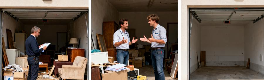 Professionnels comparant des objets à débarrasser dans un garage, avant et après le nettoyage.