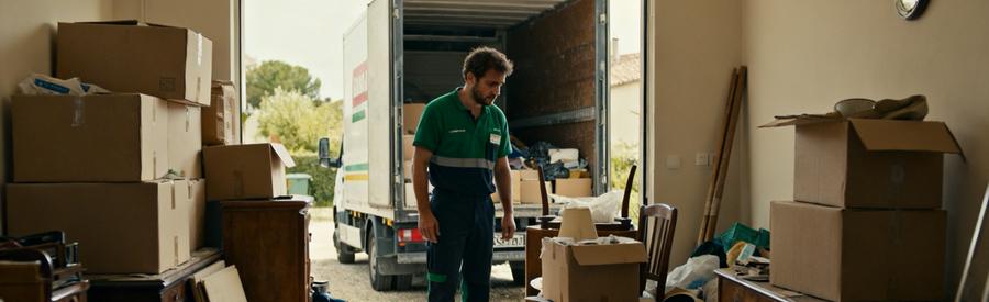 Professionnel du débarras inspectant un logement encombré à Cugnaux, camion à l'arrière-plan.